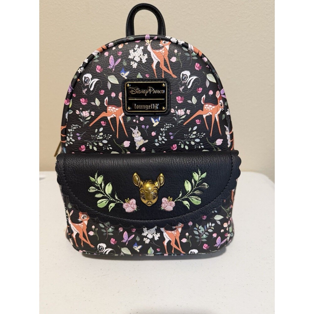 Disney Parks Loungefly Bambi Forest Friends Floral Mini Backpack AOP NWT Black